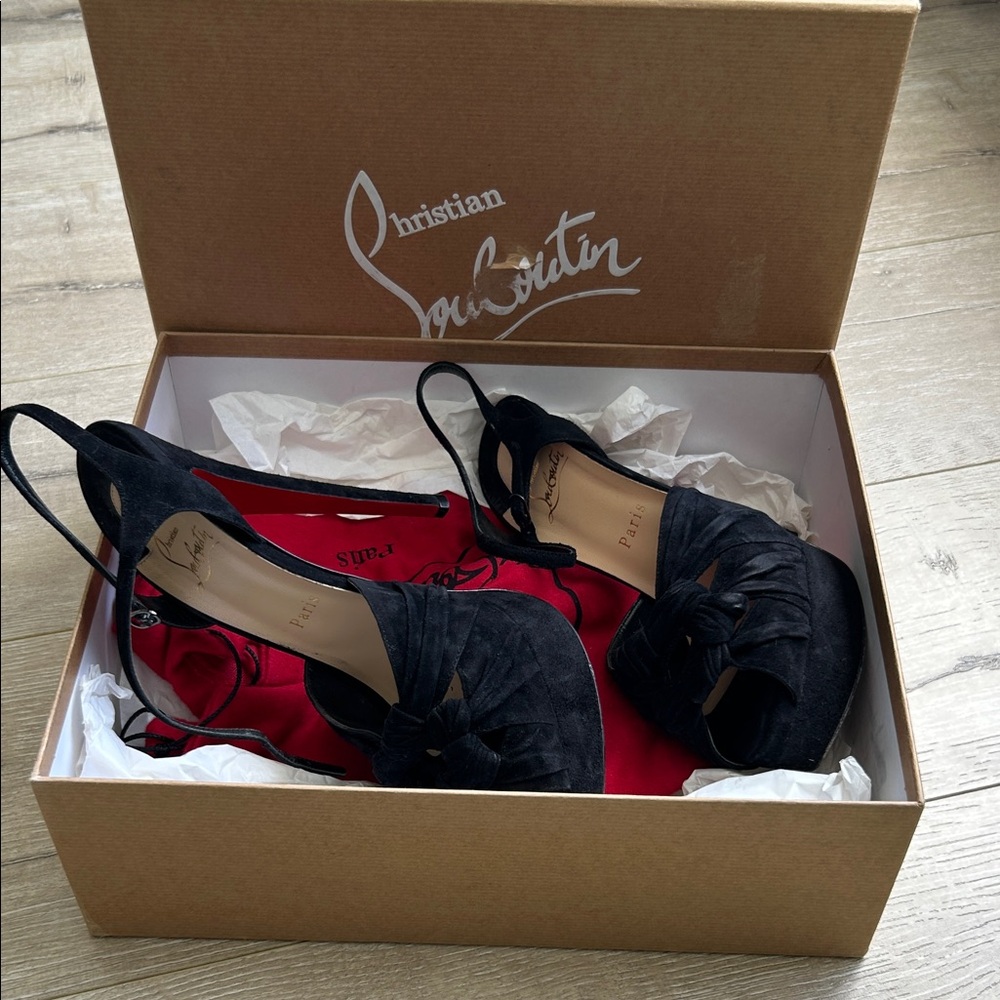 Christian Louboutin Black Suede Knot Peep-Toe Slingback Heels